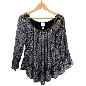 Knox Rose Tunic Womens XS Black Floral Semi Sheer Boho On Off Shoulder Lined Top